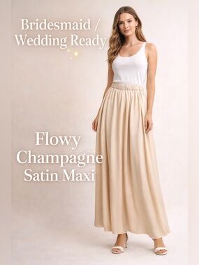 Couture Bridal Champagne Satin Maxi Skirt Pleated Bridesmaid Formal Size M